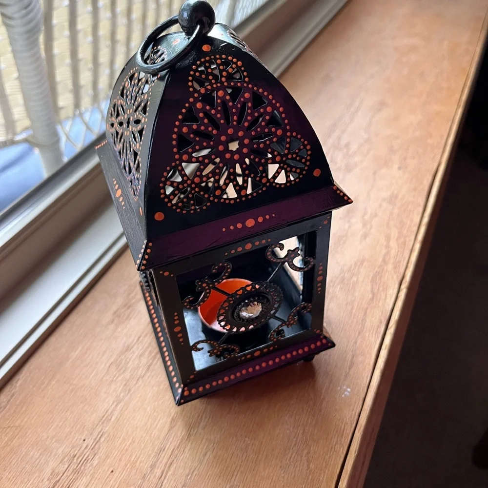 Handpainted Metal Black and Orange Decorative Lantern